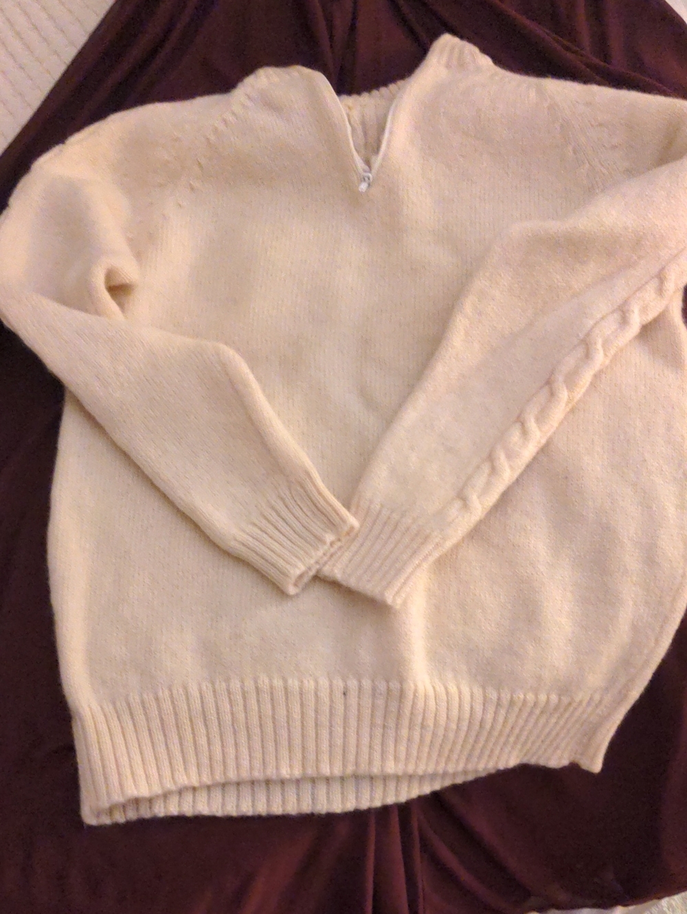 Wool Cream Half-Zip Cable Sleeve Turtleneck Sweater